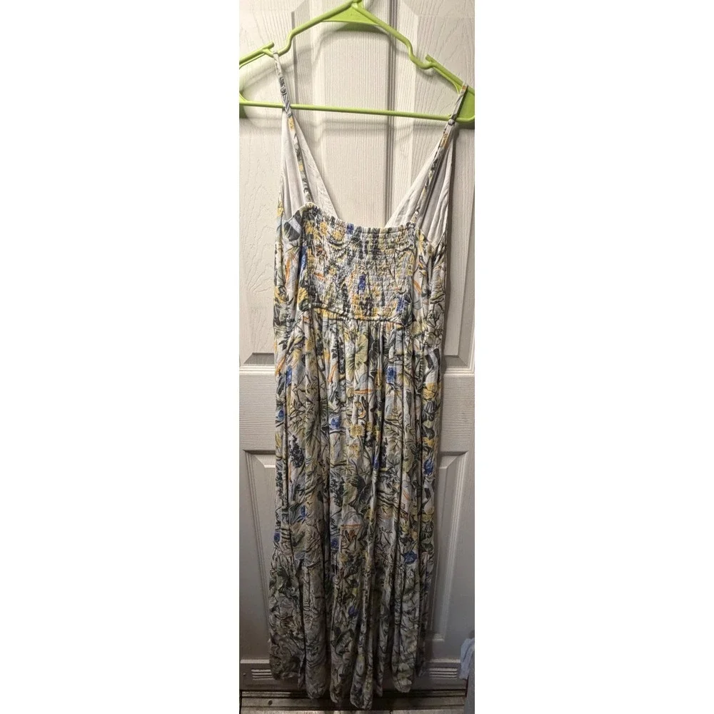Abercrombie & Fitch Tropical Floral Button Front Smocked Maxi Dress Yellow Blue
